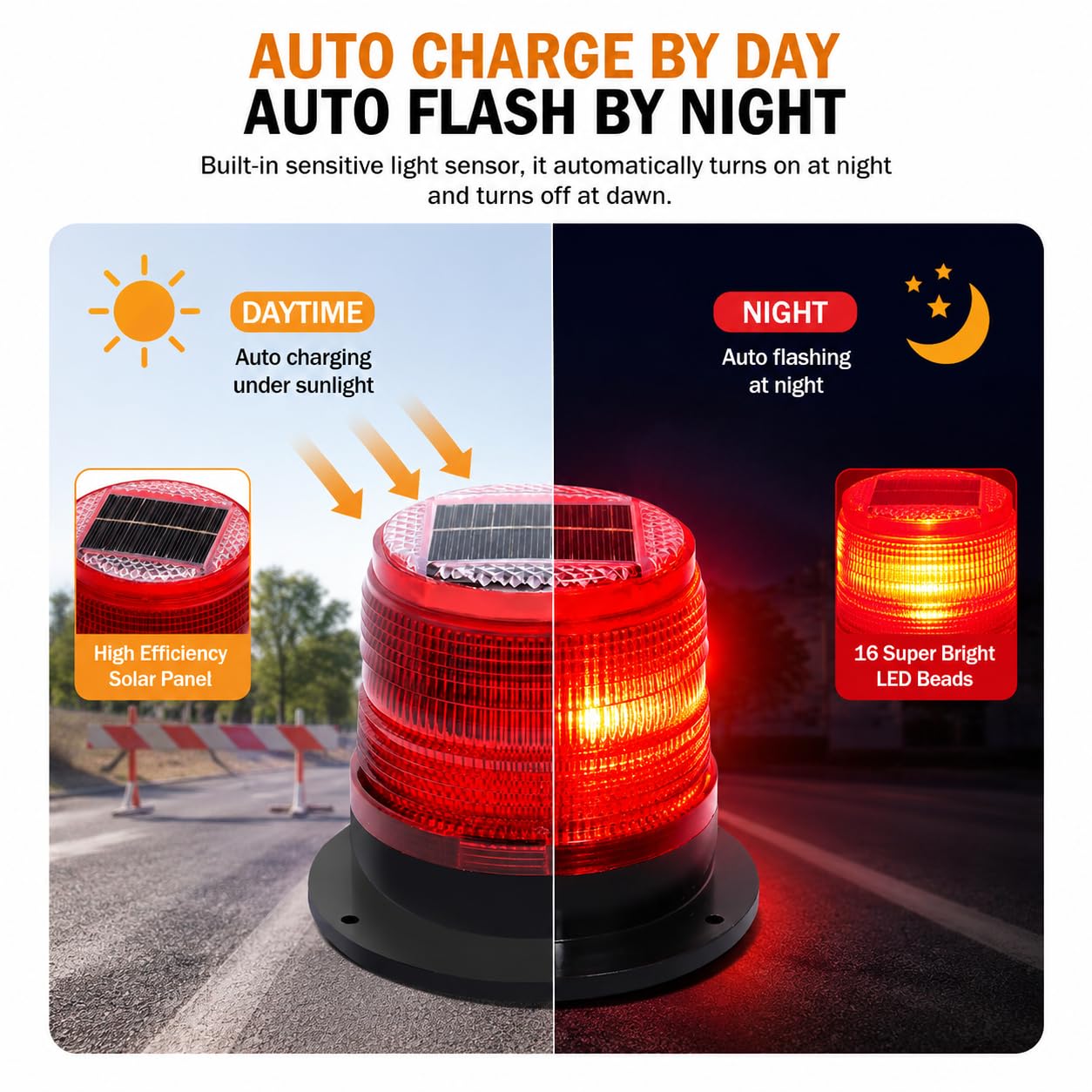 Solar Strobe Warning Light, 360° Solar Flashing Safety Beacon